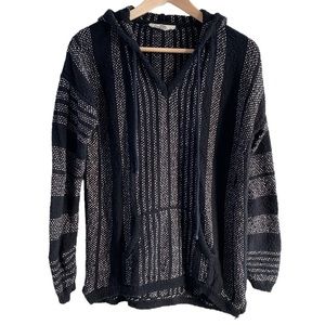 LOVESTITCH boho beach knit hoodie sweater black white coverup drawstring v neck